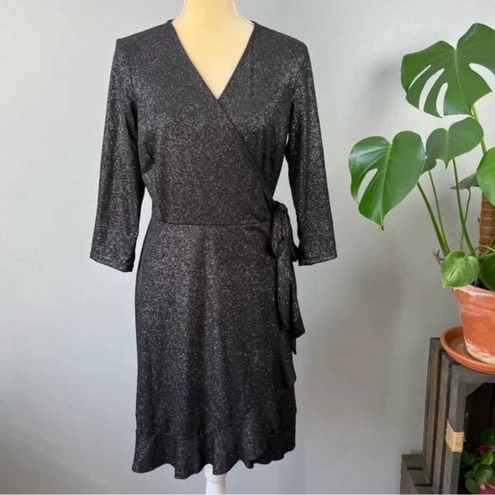 Tiana B. Black Silver Glitter sparkle Ruffle Wrap formal cocktail Dress L LBD